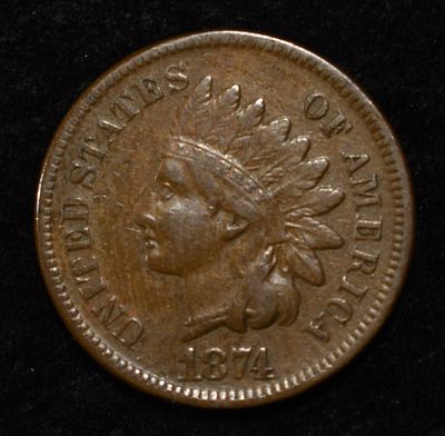 1874 INDIAN CENT XF. TOP RATED AUCTION HOUSE ESTIMATE $100 - $130.