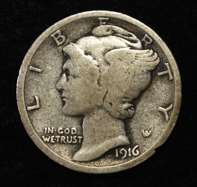 1916-D MERCURY DIME FINE. WEEKLY COIN & CURRENCY AUCTIONS ESTIMATE $3500 - $4000.