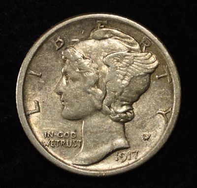 1917-D MERCURY DIME CH AU. TOP RATED AUCTION HOUSE ESTIMATE $130 - $150.