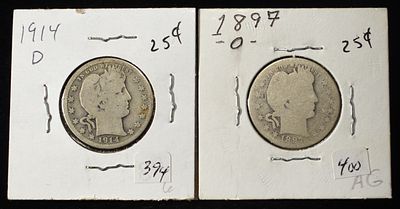 1897-O & 1914-D BARBER QUARTERS. WEEKLY COIN & CURRENCY AUCTIONS ESTIMATE $60 - $80.