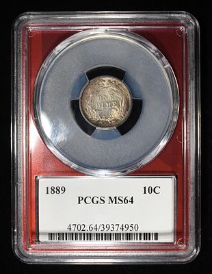 1889 SEATED LIBERTY DIME PCGS MS-64. CHECK OUT OUR UPCOMING AUCTIONS ESTIMATE $500 - $600.