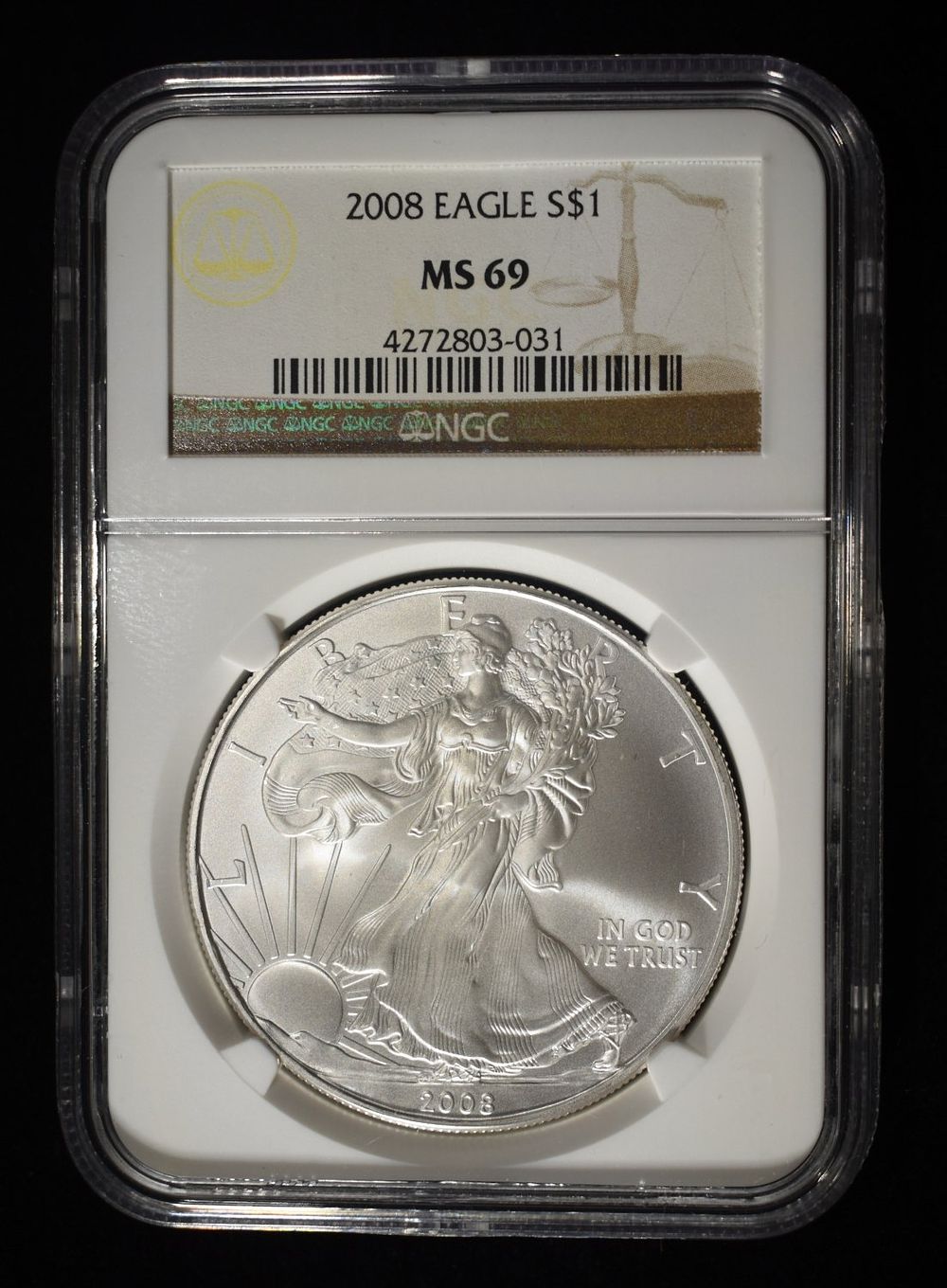 2008 AMERICAN SILVER EAGLE NGC MS69. TOP RATED AUCTION HOUSE ESTIMATE $100 - $150.