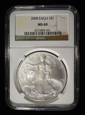 2008 AMERICAN SILVER EAGLE NGC MS69. TOP RATED AUCTION HOUSE ESTIMATE $100 - $150.