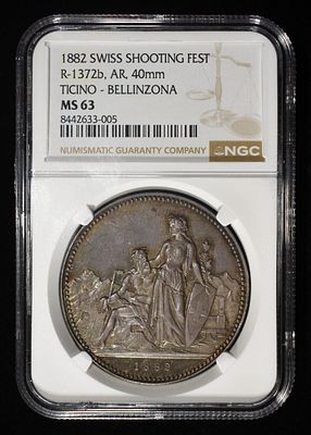 1882 SWISS SHOOTING TICINO-BELLINZONA NGC MS-63. R-1372b SILVER ESTIMATE $600 - $700.