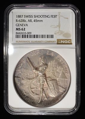 1887 SWISS SHOOTING FEST GENEVA NGC MS-62 R-628b. BID WITH SILVER CITY AUCTIONS ESTIMATE $400 - $500.