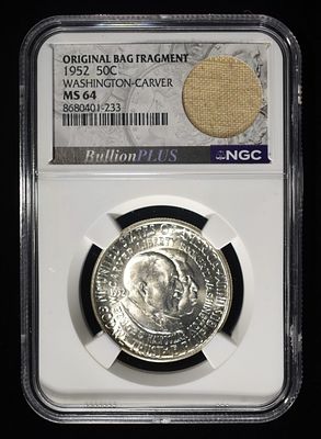 1952 50C COMMEM WASHINGTON-CARVER NGC MS64. LEADERS IN ON-LINE AUCTIONS ESTIMATE $100 - $150.