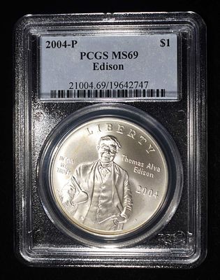 2004-P EDISON COMMEM DOLLAR PCGS MS-69. BID WITH SILVER CITY AUCTIONS ESTIMATE $100 - $130.