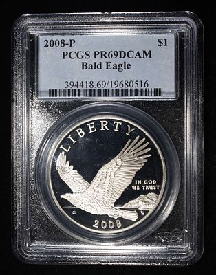 2008-P BALD EAGLE COMMEM DOLLAR PCGS PR-69 DCAM. TOP RATED AUCTION HOUSE ESTIMATE $100 - $130.