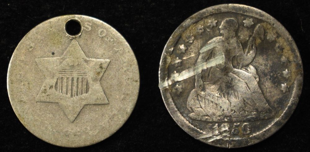 3-CENT SILVER & LIBERTY SEATED HALF DIME. CHECK OUT OUR UPCOMING AUCTIONS ESTIMATE $75 - $100.