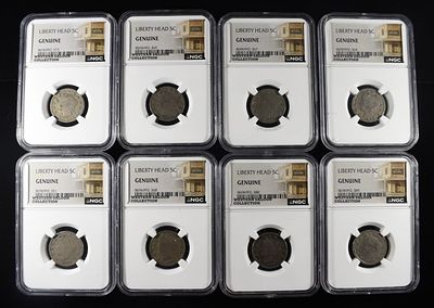 (8) LIBERTY HEAD 5C NGC GENUINE. CHECK OUT OUR UPCOMING AUCTIONS ESTIMATE $100 - $150.