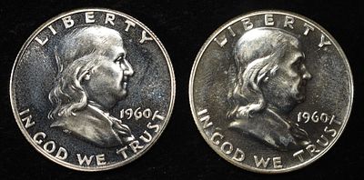 (2) 1960 90% SILVER FRANKLIN HALF DOLLAR PROOF BU. LEADERS IN ON-LINE AUCTIONS ESTIMATE $100 - $150.