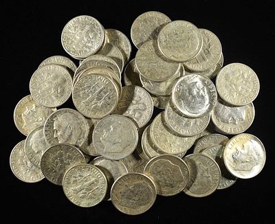 (50) 90% SILVER ROOSEVELT DIMES. TOP RATED AUCTION HOUSE ESTIMATE $430 - $480.