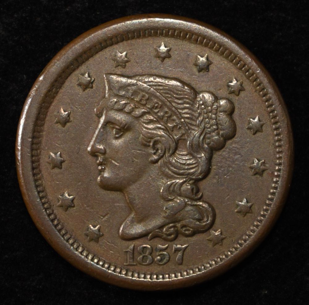 1857 BRAIDED HAIR LARGE CENT CH AU. SMALL DATE ESTIMATE $725 - $825.