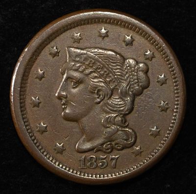1857 BRAIDED HAIR LARGE CENT CH AU. SMALL DATE ESTIMATE $725 - $825.