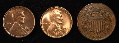 1939, 41-S WHEAT CENTS & 1864 2-CENT PIECE. BID WITH SILVER CITY AUCTIONS ESTIMATE $100 - $150.