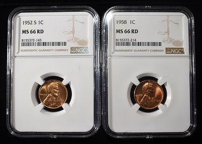 1952-S & 1958 WHEAT CENTS NGC MS66RD. LEADERS IN ON-LINE AUCTIONS ESTIMATE $75 - $100.