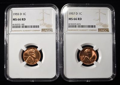 1955-D & 1957-D WHEAT CENTS NGC MS66 RD. BID WITH SILVER CITY AUCTIONS ESTIMATE $75 - $100.