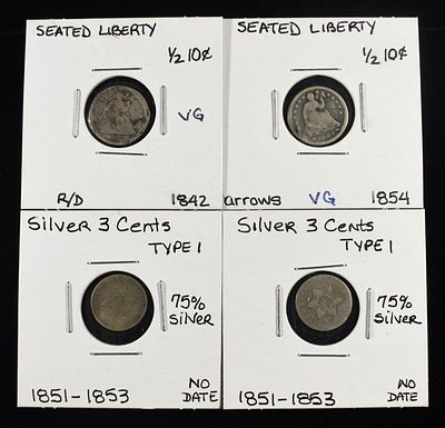 (2) HALF DIMES & (2) SILVER 3-CENT PIECES. 1854 & 1842 LIBERTY SEATED HALF DIMES & (2) SILVER 