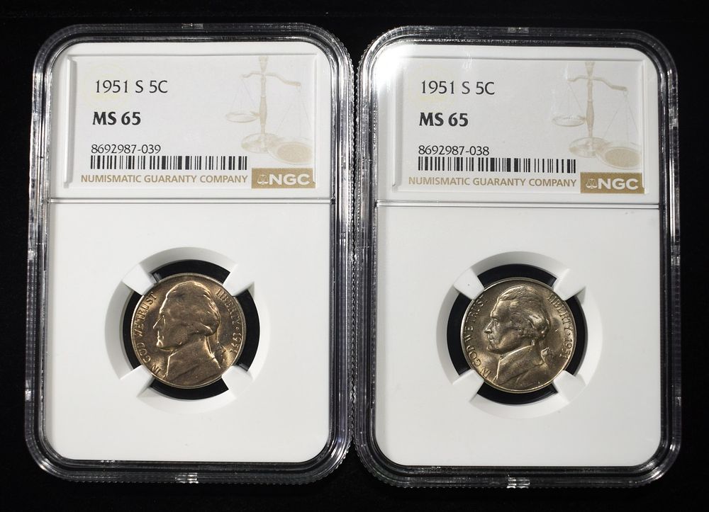 (2) 1951-S JEFFERSON NICKEL NGC MS65. TOP RATED AUCTION HOUSE ESTIMATE $60 - $80.