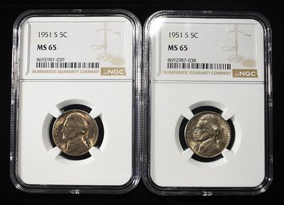 (2) 1951-S JEFFERSON NICKEL NGC MS65. TOP RATED AUCTION HOUSE ESTIMATE $60 - $80.