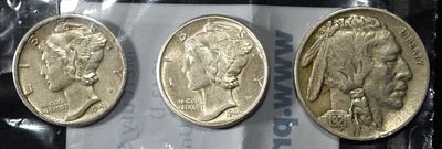 1943-D, 1944-D MERCURY 10C & 1921 BUFFALO 5C. LEADERS IN ON-LINE AUCTIONS ESTIMATE $100 - $150.