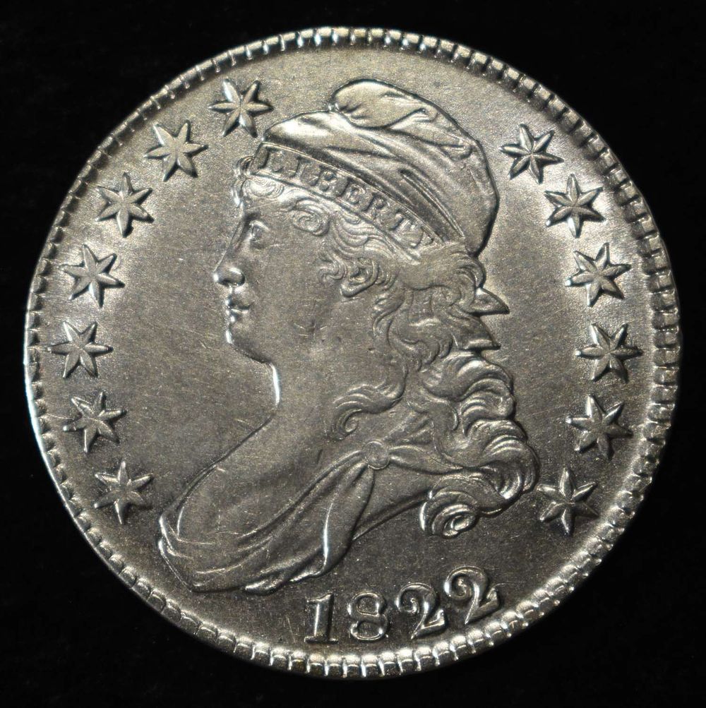 1822/1 CAPPED BUST HALF DOLLAR NICE AU VERY SCARCE. BID WITH SILVER CITY AUCTIONS ESTIMATE $1150 