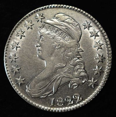 1822/1 CAPPED BUST HALF DOLLAR NICE AU VERY SCARCE. BID WITH SILVER CITY AUCTIONS ESTIMATE $1150 