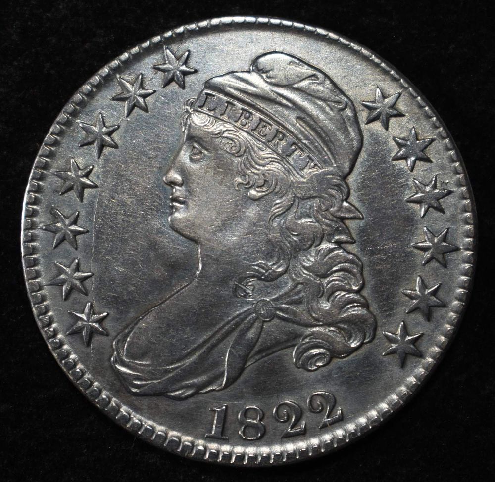 1822 CAPPED BUST HALF DOLLAR AU. LEADERS IN ON-LINE AUCTIONS ESTIMATE $500 - $600.