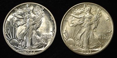 1942-S & 1943-D WALKING LIBERTY HALF DOLLARS AU/BU. TOP RATED AUCTION HOUSE ESTIMATE $120 - $170.