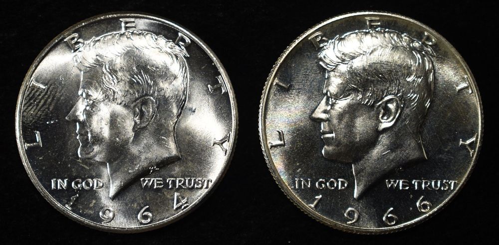 1964 CH BU & 1966 SP KENNEDY HALF DOLLARS. TOP RATED AUCTION HOUSE ESTIMATE $75 - $100.