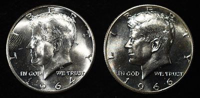 1964 CH BU & 1966 SP KENNEDY HALF DOLLARS. TOP RATED AUCTION HOUSE ESTIMATE $75 - $100.