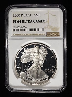 2000-P AMERICAN SILVER EAGLE NGC PF64 ULTRA CAMEO. TOP RATED AUCTION HOUSE ESTIMATE $150 - $200.