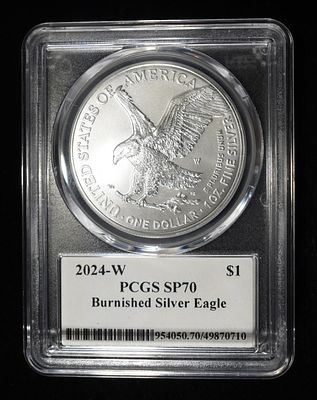 2024-W AMERICAN SILVER EAGLE PCGS SP70. BURNISHED ESTIMATE $200 - $250.