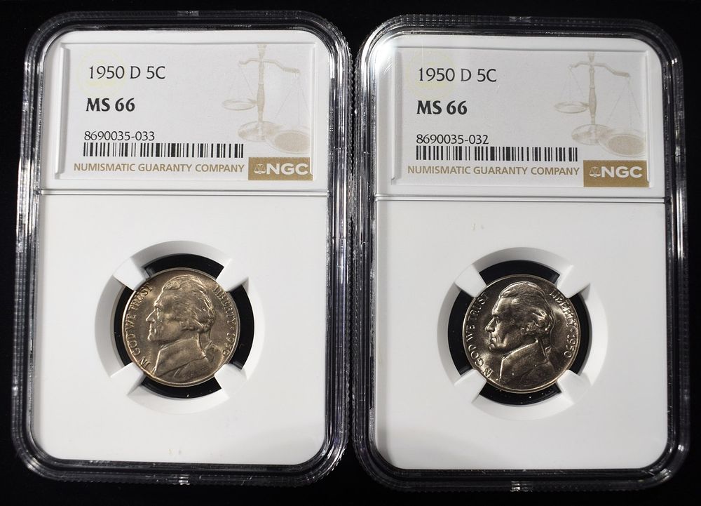 (2) 1950-D JEFFERSON NICKELS NGC MS 66. LEADERS IN ON-LINE AUCTIONS ESTIMATE $90 - $130.