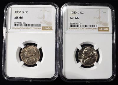 (2) 1950-D JEFFERSON NICKELS NGC MS 66. LEADERS IN ON-LINE AUCTIONS ESTIMATE $90 - $130.
