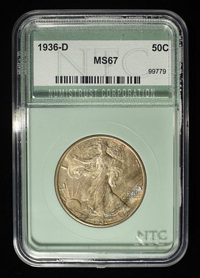 1936-D WALKING LIBERTY 50C NTC SUPERB GEM BU. BID WITH SILVER CITY AUCTIONS ESTIMATE $3400 - $3600.