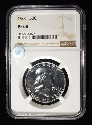 1961 FRANKLIN HALF DOLLAR NGC PF68. WEEKLY COIN & CURRENCY AUCTIONS ESTIMATE $100 - $150.