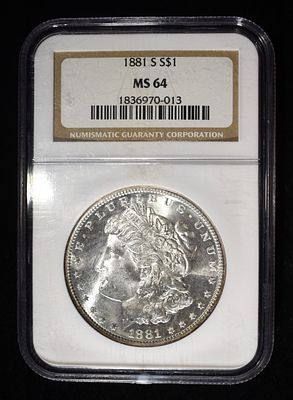 1881-S MORGAN DOLLAR NGC MS64. BID WITH SILVER CITY AUCTIONS ESTIMATE $150 - $200.