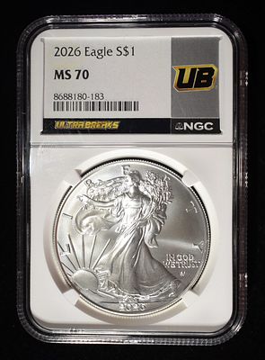 2026 AMERICAN SILVER EAGLE NGC MS70. WEEKLY COIN & CURRENCY AUCTIONS ESTIMATE $200 - $250.