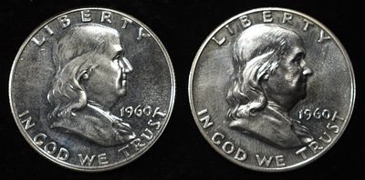 (2) 1960 90% SILVER FRANKLIN HALF DOLLARS PROOF BU. CHECK OUT OUR UPCOMING AUCTIONS ESTIMATE 