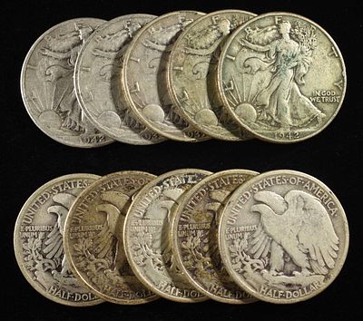 (10) 90% SILVER WALKING LIBERTY HALF DOLLARS. CHECK OUT OUR UPCOMING AUCTIONS ESTIMATE $450 -$550.