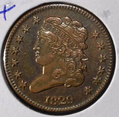 1829 CLASSIC HEAD HALF CENT. LEADERS IN ON-LINE AUCTIONS ESTIMATE $550 - $600.