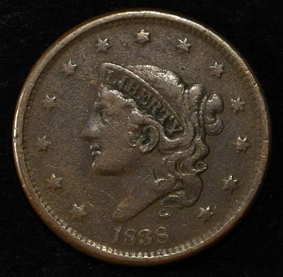 1838 CORONET HEAD CENT. WEEKLY COIN & CURRENCY AUCTIONS ESTIMATE $75 - $100.