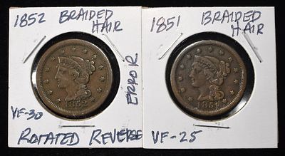 1851 & 1852 BRAIDED HAIR CENTS. WEEKLY COIN & CURRENCY AUCTIONS ESTIMATE $80 - $120.