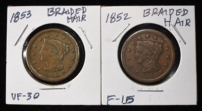 1852 & 1853 BRAIDED HAIR CENTS. CHECK OUT OUR UPCOMING AUCTIONS ESTIMATE $90 - $130.