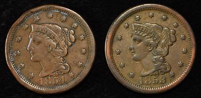 1853 & 1854 BRAIDED HAIR CENTS. BID WITH SILVER CITY AUCTIONS ESTIMATE $120 - $160.