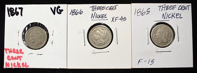 1865, 1866, & 1867 3-CENT NICKELS. LEADERS IN ON-LINE AUCTIONS ESTIMATE $80 - $120.