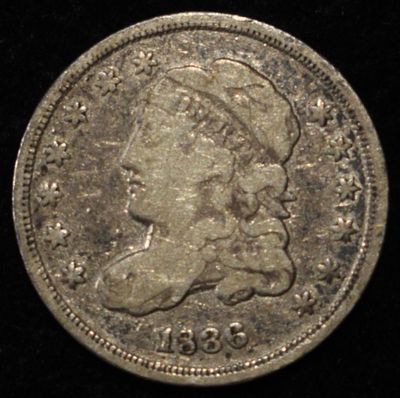 1836 CAPPED BUST HALF DIME. WEEKLY COIN & CURRENCY AUCTIONS ESTIMATE $80 - $120.