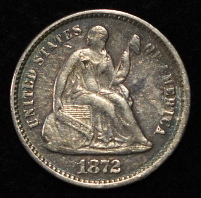 1872 SEATED LIBERTY HALF DIME. CHECK OUT OUR UPCOMING AUCTIONS ESTIMATE $90 - $130.