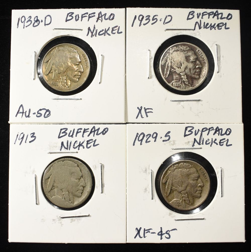 1913, 1929-S, 1935-D, & 1938-D BUFFALO NICKELS. BID WITH SILVER CITY AUCTIONS ESTIMATE $75 - $100.